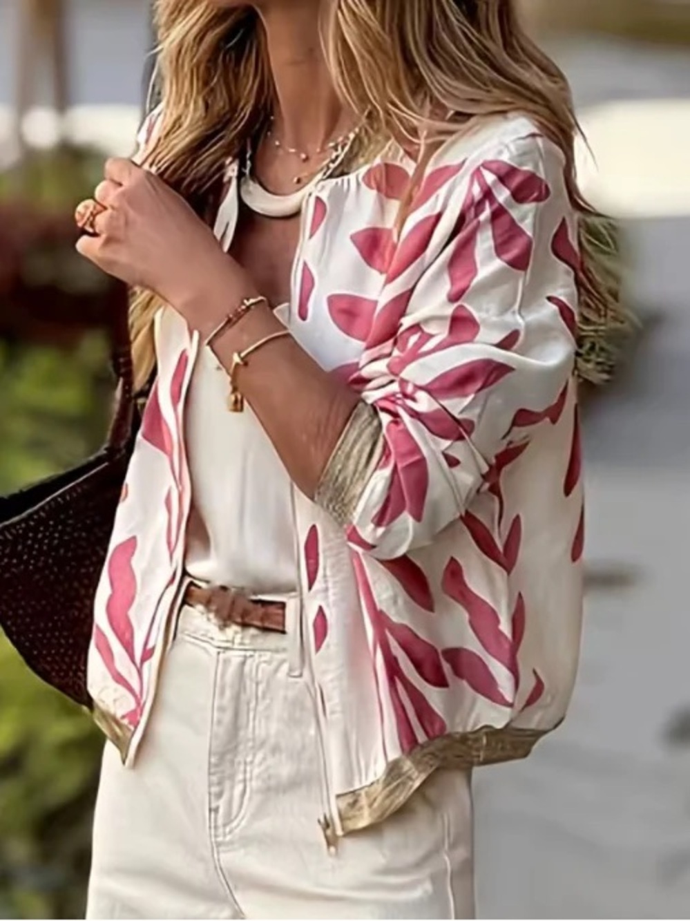 Women's Cream Bomber Jacket with Pink Leaf Print and gold trim size large